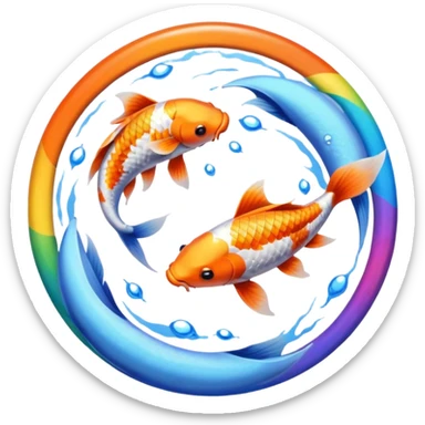 two koi fish swimming around in a circle rainbow blue bronze sticker