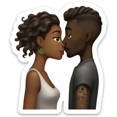 Brown, long hair, girl, kissing, dark skin with tattoos, mid taper fade guy ￼ sticker
