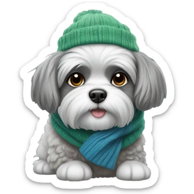 Shitzu dog grey with a blue and green sweater, a scarf and a winter hat sticker