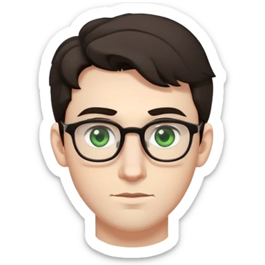 young man with pale skin, wider face, larger ears, bigger nose, thick dark eyebrows, dark tall voluminous slightly wavy hair styled up high on head but not curly, wearing glasses with green eyes and very light stubble, with a slight smile sticker