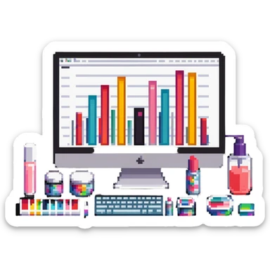 iMac computer with colorful bar charts and beauty products like lipstick, nail polish, cream jars on the screen sticker
