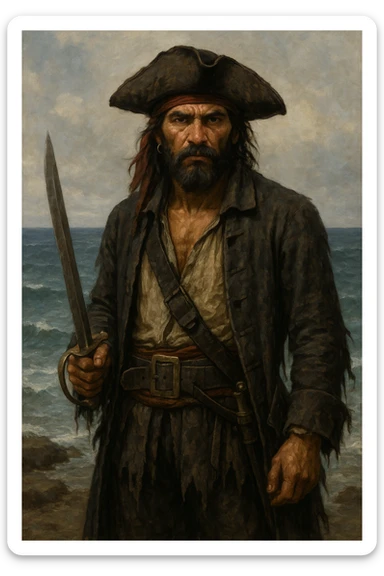 serious Caribbean pirate holding a sword, wearing tattered pirate clothes, background of the sea sticker