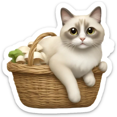 Beige Ragdoll cat carrying a basket of white mushrooms  sticker