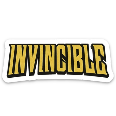 the word 'Invincible' in bold, comic book style, inspired by the Invincible TV show title card, dramatic yellow color with black outline, no background sticker