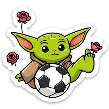 baby yoda kicking a soccer ball with small roses beside him sticker