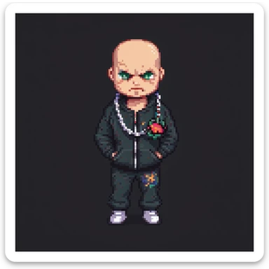 Pixel art thug in tracksuit, holding chain in Hand, bald head, angry expression, side view, retro arcade sprite
 sticker