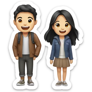 Cute Asian couple (girl with wavy long hair guy with short straight hair) excitedly traveling  sticker