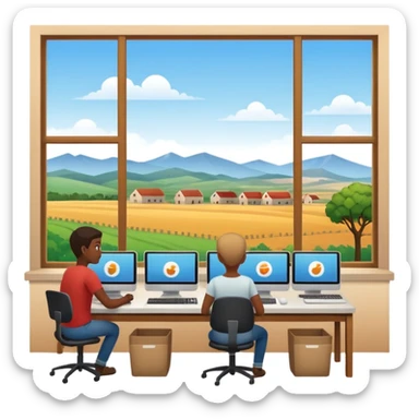 Employees of a startup company working on their computers while looking out the window at the rural landscape.w sticker