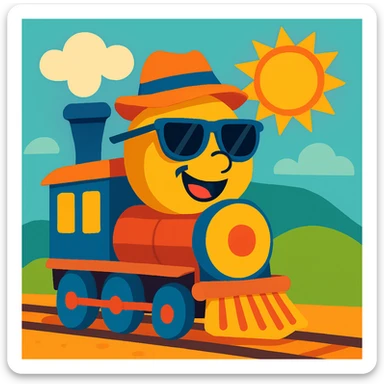 a train on vacation, wearing sunglasses and a hat, cheerful style, vibrant toon, playful and bright colors sticker