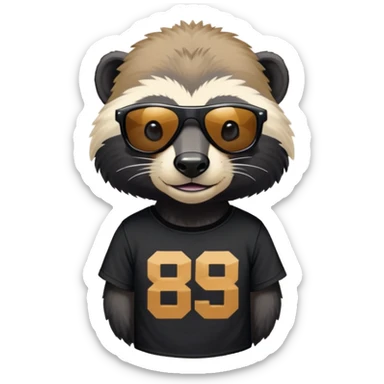 friendly anthropomorphised honey badger, close crop showing head, neck, and top of t-shirt with a graphic print, wearing sunglasses sticker