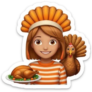 happy tan girl with an orange striped sweater and a cooked browned turkey on her head  sticker