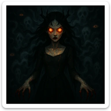 Make the beautiful scary girl even scarier with extreme supernatural horror features, more disturbing and haunting, while keeping her gothic beauty. Enhance the supernatural and horror elements to create a deeply unsettling and haunting atmosphere. sticker