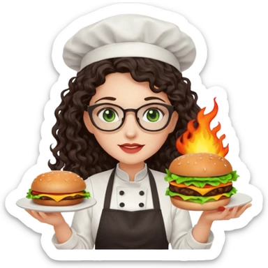 A female chef with glasses, dark brown long curly hair, White skin,Green eyes and setimg a burger on fire sticker