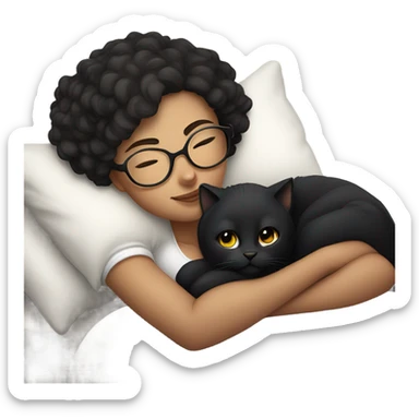 Pale white young woman with short dark curly hair with glasses cuddling, sleeping in bed with her black cat sticker
