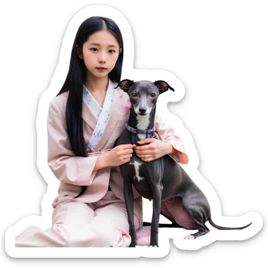 A young Chinese girl with long black hair and a dark grey Italian Greyhound with absolutely no white marks on its body or nose sitting under a cherry blossom tree sticker