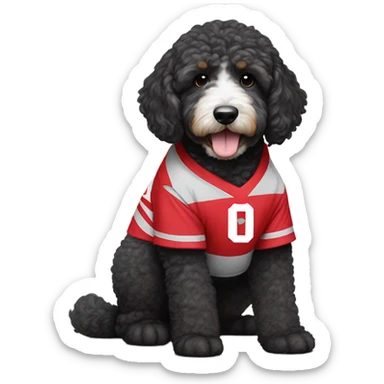 Bernedoodle with Ohio state jersey on sticker