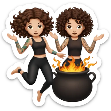 cauldron burst — long wavy brown hair tattooed woman and short tight curly brown hair woman — jumping back sticker
