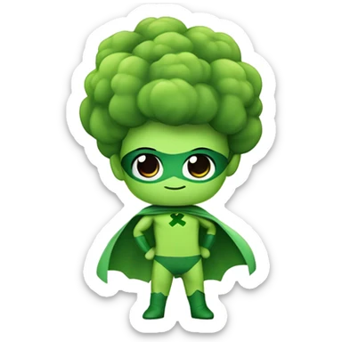kawaii cute mini superhero with green clothes and a broccolis as hair,  full body saying hello sticker