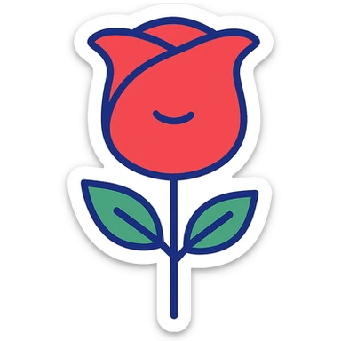 a single rose in flat icon style, bold outline, red and green, minimal details sticker