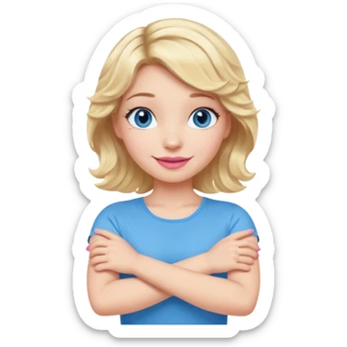 Girl Blonde short wavy hair,  blue eyes, cute blue top, long lashes, pink lips, smiling, making cross arms with arms  sticker