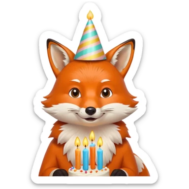 A fox wearing a birthday hat, joyfully blowing candles, portrait, bust up sticker