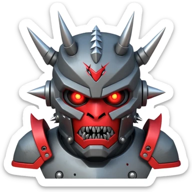 futuristic berserker war robot portrait, head and shoulders only, angry faceplate, jagged mouth grill, glowing eyes, spiked shoulder armor, scratched metal, intimidating look, 3D cartoon, mobile game icon style, clean background, no text, no watermark
 sticker