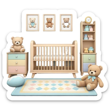 baby room, Crib beside toy shelf and rug sticker