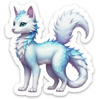 Kawaii white pastel iridescent beautiful pretty elegant divine edgy fantasy feline-vernid-sergal-fursona animal creature with a tufted tail full body with intricate markings  sticker
