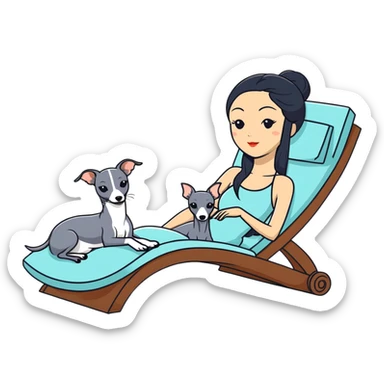 Very thin and slim Chinese woman with long black hair in elegant pool attire relaxing on a comfortable spa lounger at a luxury spa pool with only ONE Italian greyhound that is COMPLETELY solid dark grey with ABSOLUTELY ZERO white markings anywhere - 100% uniform dark grey color only - the single dog is relaxing on or beside the lounger sticker