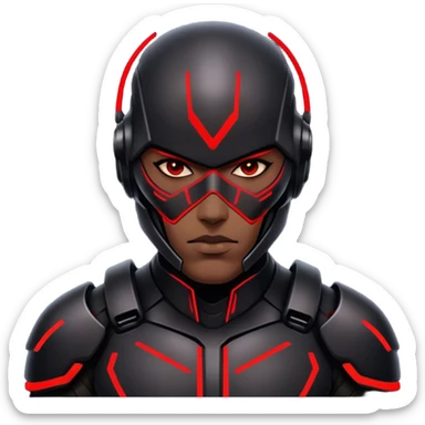 A cyber-warrior with a half-metallic face, neon red lines tracing his black armored skin sticker
