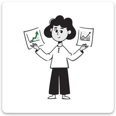Girl holding chart with rising green graph line in right hand and holding another chart with falling red graph line in left hand sticker