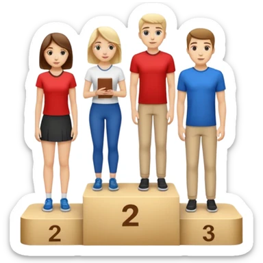 show people on podium in second, first then third position.  The podium should be labeled 2, 1, 3. The middle position should only have the number 1.  the people should be dressed causally in regular relaxed clothes

 sticker