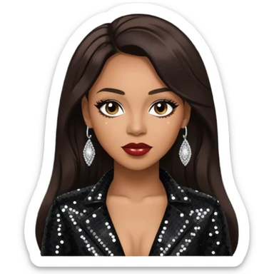 Vesta Williams, R&B Singer with long dark brown hair, black sequin outfit sticker