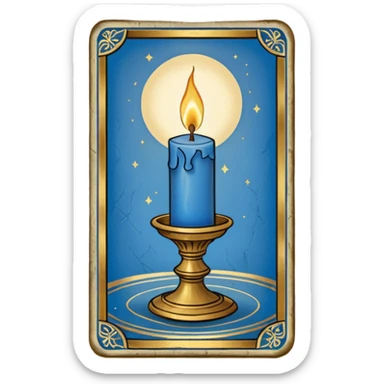 A blue deck of tarot cards and a one candle nearby sticker