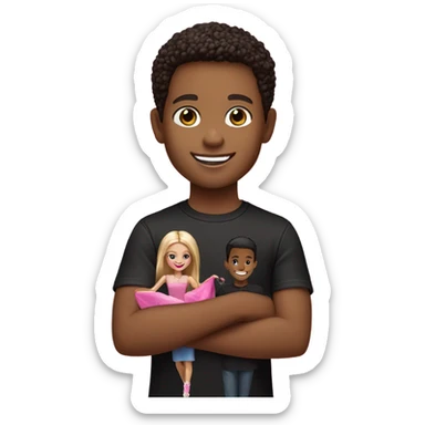 smiling boy in black shirt holding Barbie  sticker