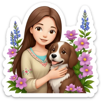 A beautiful girl with long straight hair happily hugs an Alaskan dog in the flowers sticker