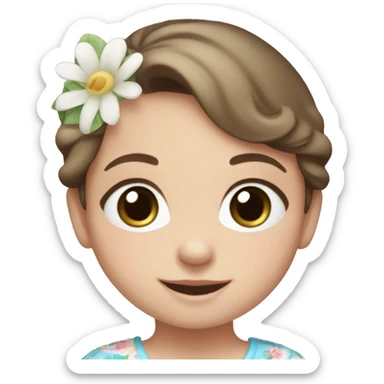 pale newborn girl with short brown hair, blue eyes with a big smile and a floral top sticker