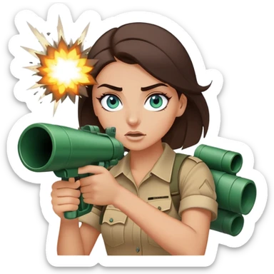 Blue green eyed, brunette, white girl with thick eyebrows and nose piercing, holding bazooka, exploding sticker