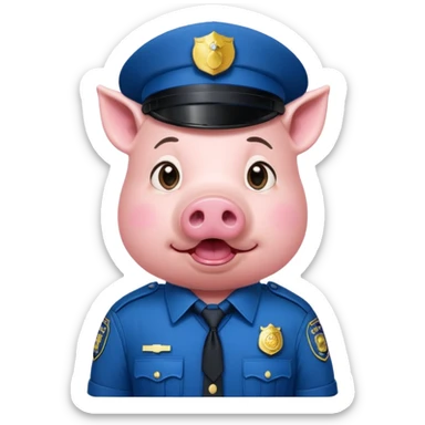 a pig, upright, in a police officer uniform, drooling, eyes looking to the bottom left sticker