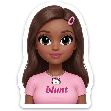 Long giant lashes, my melody hairclip, Doll faced shaped, hello kitty necklace, bimbo, black doll eyes, barbie, dark brown skin with brown hair, light pink bimbo shirt says "blunt" , big breast sticker