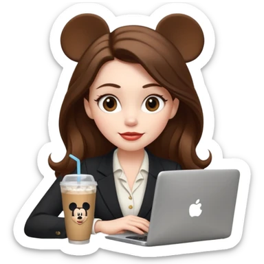 Women in front of one laptop that has a Mickey sticker on it, with a happy face, face a little fuller, lips plump, full eyebrows, long brown hair, light brown big eyes, light pale skin with a iced coffee on the side, business attire, who is typing sticker