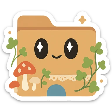 Whimsical File Explorer folder icon in cottagecore style: wooden folder with a blue arch at the bottom, surrounded by mushrooms, ivy, and lace, soft earthy palette, no words sticker