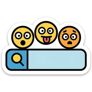 playful icon of a search bar with silly or surprised emoji faces popping out sticker
