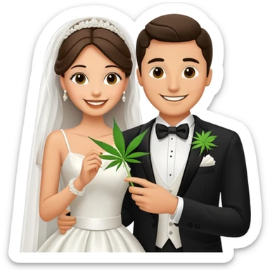 Bride in white dress and groom in tuxedo sharing a cannabis joint, cheerful cartoon wedding couple sticker