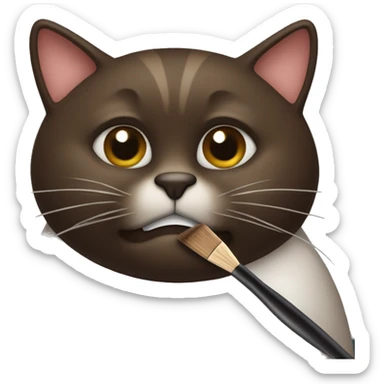 Dark brown fat cat hold brush in mouth  sticker
