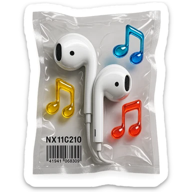 white EarPods headphones with three distinct colorful glassy music notes floating nearby, shiny and inflated sticker