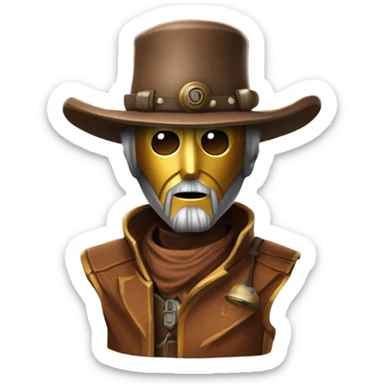 wild west Bounty hunter C3po wearing small hat relaxed pose bearded rusty sticker