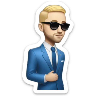 realism mac miller with a blonde comb over skin fade wearing a blue suit and sunglasses sticker