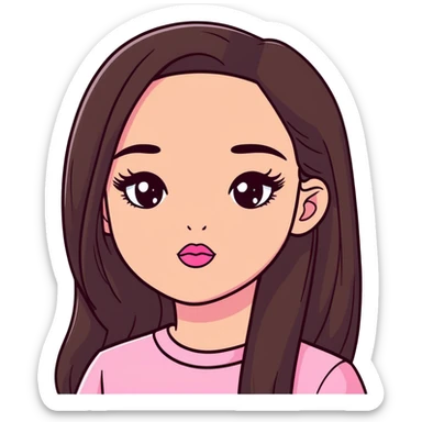 girl with lighter skin, dark brown long straight hair, pouty shiny lips with pink lip gloss, large eyes with eyelashes, pink blush on cheeks, inner eye highlighted with white eyeliner, lighter button nose, long oval-shaped face sticker