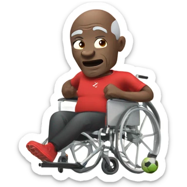 old black bald man with a protruding round pot belly in wheelchair. angry face. grey stubble. he is pointing finger in front. Arsenal soccer shirt. mouth word bubble sticker
